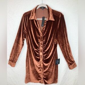 Lulus Dress Endless Style Rust Brown Velvet Ruched Button-Up Mini Dress Size XL